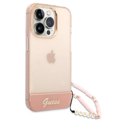 3. Guess GUHCP14LHGCOHP iPhone 14 Pro 6,1" rosa/rosa Hartschale mit durchscheinendem Perlenarmband