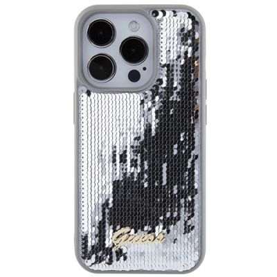 3. Guess Pailletten-Schriftzug-Metallgehäuse für iPhone 15 Pro – Silber