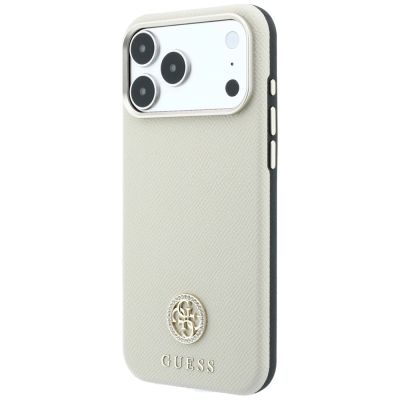 2. Guess MagSafe Hülle mit genarbtem, rundem Strass-Logo für iPhone 18 Pro / 17 Pro – Beige