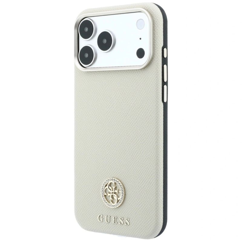 2. Guess MagSafe Hülle mit genarbtem, rundem Strass-Logo für iPhone 18 Pro / 17 Pro – Beige
