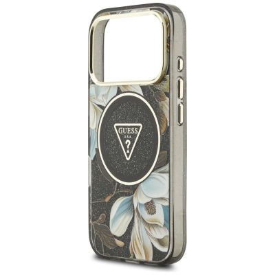 6. Guess IML Glitter Flowers Triangle MagSafe Hülle für iPhone 18 Pro Max / 17 Pro Max – Schwarz