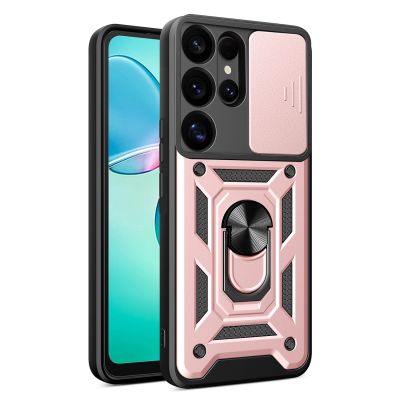 Hybrid Armor Camshield-Hülle mit Kameraabdeckung und Metallring für Samsung Galaxy S25 Ultra – Pink