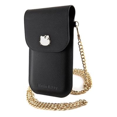 4. Hello Kitty Leder-Metall-Logo-Kettentasche – Schwarz