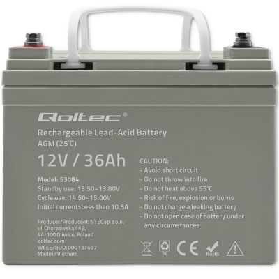 4. Qoltec AGM-Batterie | 12 V | 36 Ah | Wartungsfrei | Effizient | Langlebig | Für USV, Roller