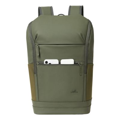 4. Rivacase Eden Rucksack Reiserucksack Olivgrünes gewachstes Leder (Pull-Up), Polyester, recyceltes Polyethylenterephthalat (rPET)