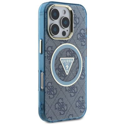 4. Guess IML Metal Glitter 4G Circle Triangle MagSafe Case für iPhone 16 Pro - Blau