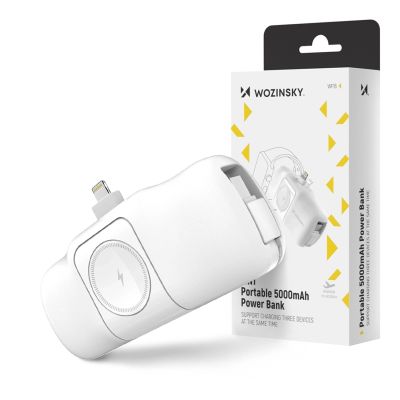 13. Wozinsky WF16-YLS 5000 mAh 15 W Lightning Mini-Powerbank mit integriertem USB-C-Kabel und Apple Watch Ladegerät – Weiß