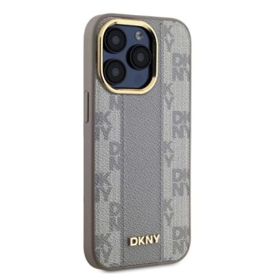 4. DKNY Leather Checkered Mono Pattern MagSafe-Hülle für iPhone 15 Pro – Beige