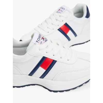 7. Tommy Hilfiger Damen-Sneaker mit Flaggenmuster, niedrigem Schnitt, Schnürung, T3X9-33877-1695X336-X336, Weiß/Blau