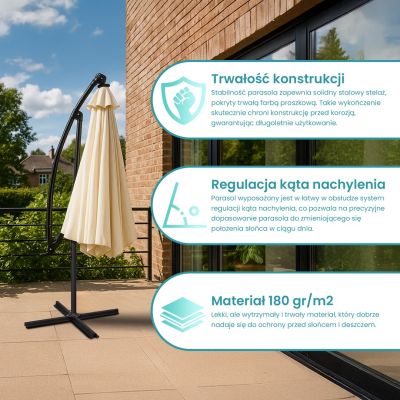 11. Extralink Black Forest Gartenschirm mit Seitenteilen, großer 3 m beiger Freiarmschirm für Terrasse und Garten mit sechseckiger Halterung, beige, schwarz