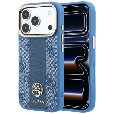 Guess 4G MagSafe Hülle mit gestreiften, runden und klassischen Logos für iPhone 17 Pro / 18 Pro – Blau