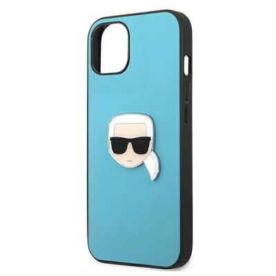 6. Karl Lagerfeld Leder Ikonik Karl's Head Metallhülle für iPhone 13 mini - Blau