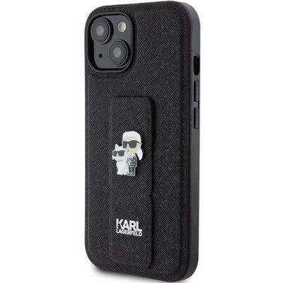 2. Karl Lagerfeld Gripstand Saffiano Karl&Choupette Pins Hülle für iPhone 15 Plus / 14 Plus – Schwarz