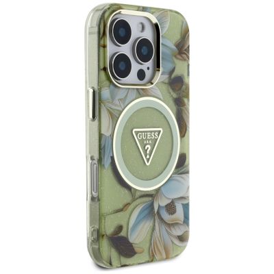 4. Guess Glitter Flowers Triangle Buttons MagSafe Case für iPhone 16 Pro Max grün