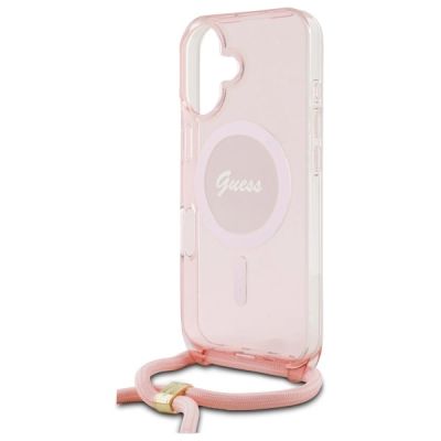 5. Guess Crossbody Cord Script MagSafe-Hülle für iPhone 16 – Rosa