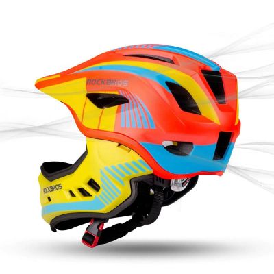5. Rockbros TT-32SOYB-S Kinderfahrradhelm mit abnehmbarem Kinnbügel, Größe S – gelb-orange