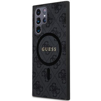 2. Guess 4G Collection Leder-Metall-Logo MagSafe-Hülle für Samsung Galaxy S24 Ultra – Schwarz