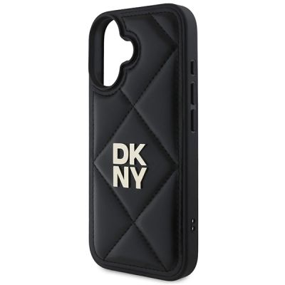 6. DKNY – Gesteppte iPhone 16-Hülle mit Stapellogo – Schwarz