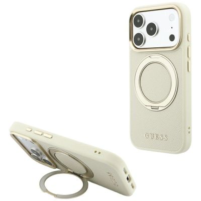 Guess Ring Stand 360 Grained Classic Logo MagSafe Hülle für iPhone 18 Pro / 17 Pro - Beige