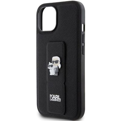 6. Karl Lagerfeld Gripstand Saffiano Karl&Choupette Pins Hülle für iPhone 15 – Schwarz