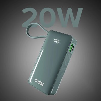 4. Powerbank SBS 10000 mAh 20W mit integriertem USB-C-Kabel und Digitalanzeige - grau