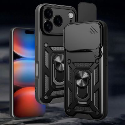 9. Hybrid Armor Camshield iPhone 17 Pro Hülle mit Ständer und Kameraabdeckung - Schwarz