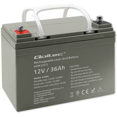 Qoltec AGM-Batterie | 12 V | 36 Ah | Wartungsfrei | Effizient | Langlebig | Für USV, Roller