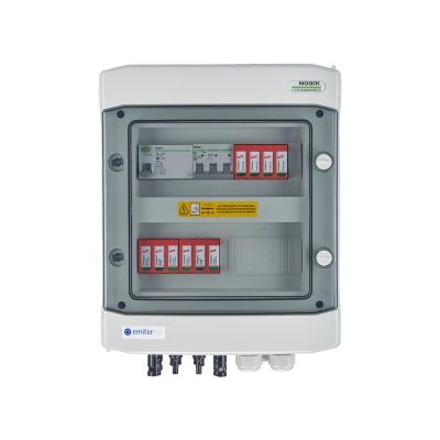 Hermetische DC/AC-Anschlussverteilerplatte IP65 mit EMITER-Anschluss, ausgestattet mit Dehn 1000V DC-Überspannungsableiter Typ 2, 2 x PV-String, 2 x MPPT // Dehn AC-Begrenzer Typ 2, 10A 3-F, RCD Typ A 40A/300mA