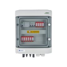 Hermetische DC/AC-Anschlussverteilerplatte IP65 mit EMITER-Anschluss, ausgestattet mit Dehn 1000V DC-Überspannungsableiter Typ 2, 2 x PV-String, 2 x MPPT // Dehn AC-Begrenzer Typ 2, 10A 3-F, RCD Typ A 40A/300mA