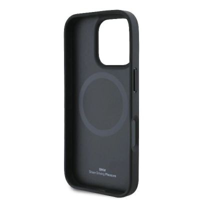 7. BMW Signature Leather Half Textured & Circle MagSafe Hülle für iPhone 16 Pro – Schwarz