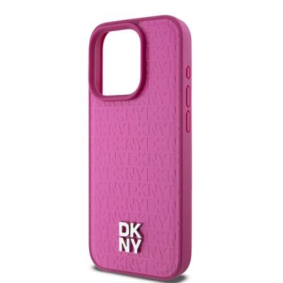 6. DKNY MagSafe-Hülle aus Leder mit Monogrammmuster und Metalllogo für iPhone 15 Pro, Pink