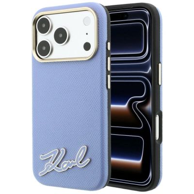 Karl Lagerfeld MagSafe-Hülle mit genarbter Oberfläche und Harz-Logo für iPhone 18 Pro / 17 Pro – Hellblau