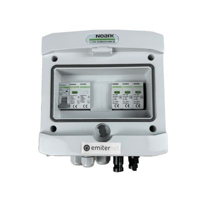 Hermetische DC/AC-Anschlussdose IP65 mit DC-Überspannungsableiter Noark 1000V Typ 1+2, 1 x PV-String, 1 x MPPT // AC-Leistungsbegrenzer Noark Typ 1+2, 10A 1-F