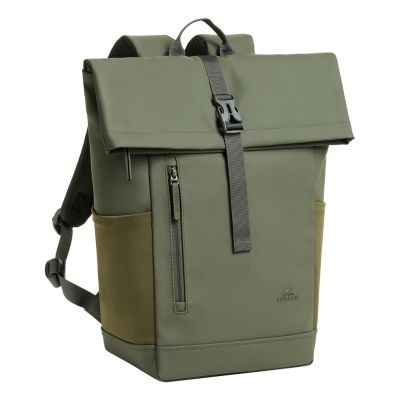 2. Rivacase Eden Rucksack Reiserucksack Olivgrünes gewachstes Leder (Pull-Up), Polyester, recyceltes Polyethylenterephthalat (rPET)