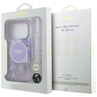 8. Guess IML Flowers Pearl Strap MagSafe Hülle für iPhone 18 Pro / 17 Pro – lila