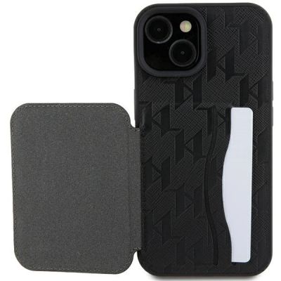 8. Karl Lagerfeld Saffiano Cardslots and Stand Monogram Ikonik Patch Hülle für iPhone 15 – Schwarz