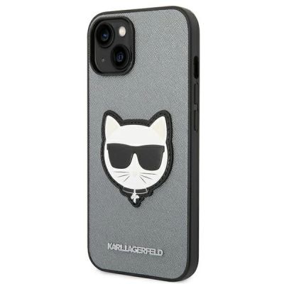 2. Karl Lagerfeld Saffiano Choupette Head Patch Hülle für iPhone 14 Plus - Silber