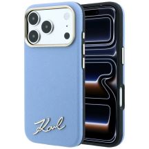 Karl Lagerfeld Saffiano MagSafe Hülle mit kleinem Schriftzug und Metalllogo für iPhone 17 Pro / 18 Pro – Hellblau