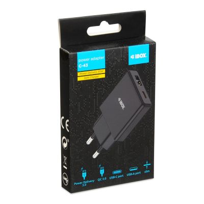 5. IBOX Universal-Ladegerät C-43 GAN PD30W Slim USB A+C Schwarz