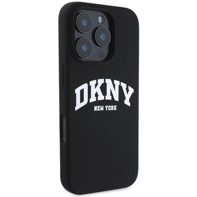 4. DKNY Silikon-MagSafe-Hülle mit weißem bedrucktem Logo für iPhone 16 Pro Max – Schwarz