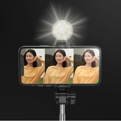 20. Selfie-Stick WH1YXS Teleskopstativ 1 m mit runder Lampe und Telefonhalter – Schwarz