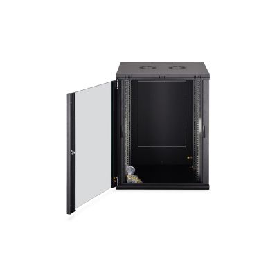 16. DYNAmic 19" 16U Wand-Netzwerkschrank 600x600 mm, Glastür, schwarz, ungeteilt, montiert, 60 kg