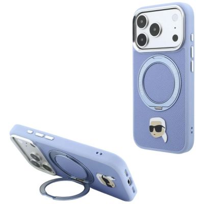 Karl Lagerfeld Hülle mit Ringständer, 360°-Kopf-Pin und MagSafe-Funktion für iPhone 18 Pro / 17 Pro – Hellblau