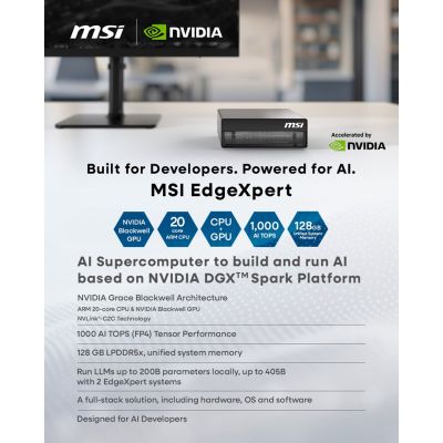 19. MSI AI EdgeXpert MS-C931 ARM Cortex-X925 10-Kern + ARM Cortex-A725 10-Kern, 128 GB LPDDR5x SSD, 4 TB M.2 NVMe, NVIDIA GB10, Grace Blackwell Superchip, 1000 AI TOPS (FP4, Sparse), WiFi 7, 10GbE, NVIDIA DGX OS