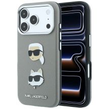 Karl Lagerfeld Saffiano Hülle mit Karl & Choupette Köpfen Pins & Logo für iPhone 18 Pro Max / 17 Pro Max - Grau