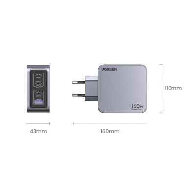 8. Ugreen Nexode Pro 160W GaN-Ladegerät mit USB-C-Kabel, Universal, Schwarz/Grau, AC-Schnellladung, intern