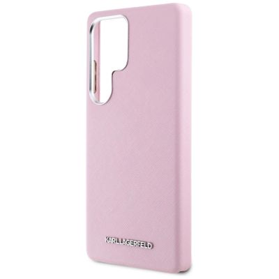 6. Karl Lagerfeld Saffiano Vollumwickelte MagSafe Hülle mit länglichem Metalllogo für Samsung Galaxy S25 Ultra - Rosa