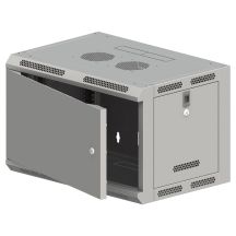 Wandschrank 19" 9U 600x500, ungeteilt, einflügelige Metalltür, geschlossene Rückwand, bewegliche perforierte Seitenwände, grau, 4 Träger, zerlegbar, ALANTEC-Bausatz