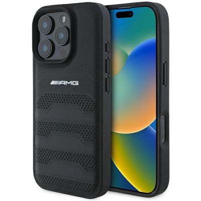 AMG-Lederhülle mit eingeprägtem Linien-Logo in Schwarz für iPhone 16 Pro Max – Schwarz