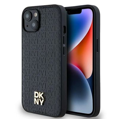 DKNY MagSafe-Hülle aus Leder mit Monogrammmuster und Metalllogo für iPhone 15/14/13 – Schwarz